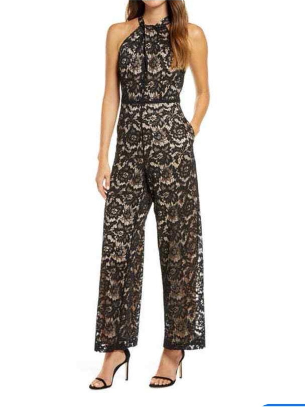 julia jordan Black Lace Halter-Neck Wide-Leg Jumpsuit